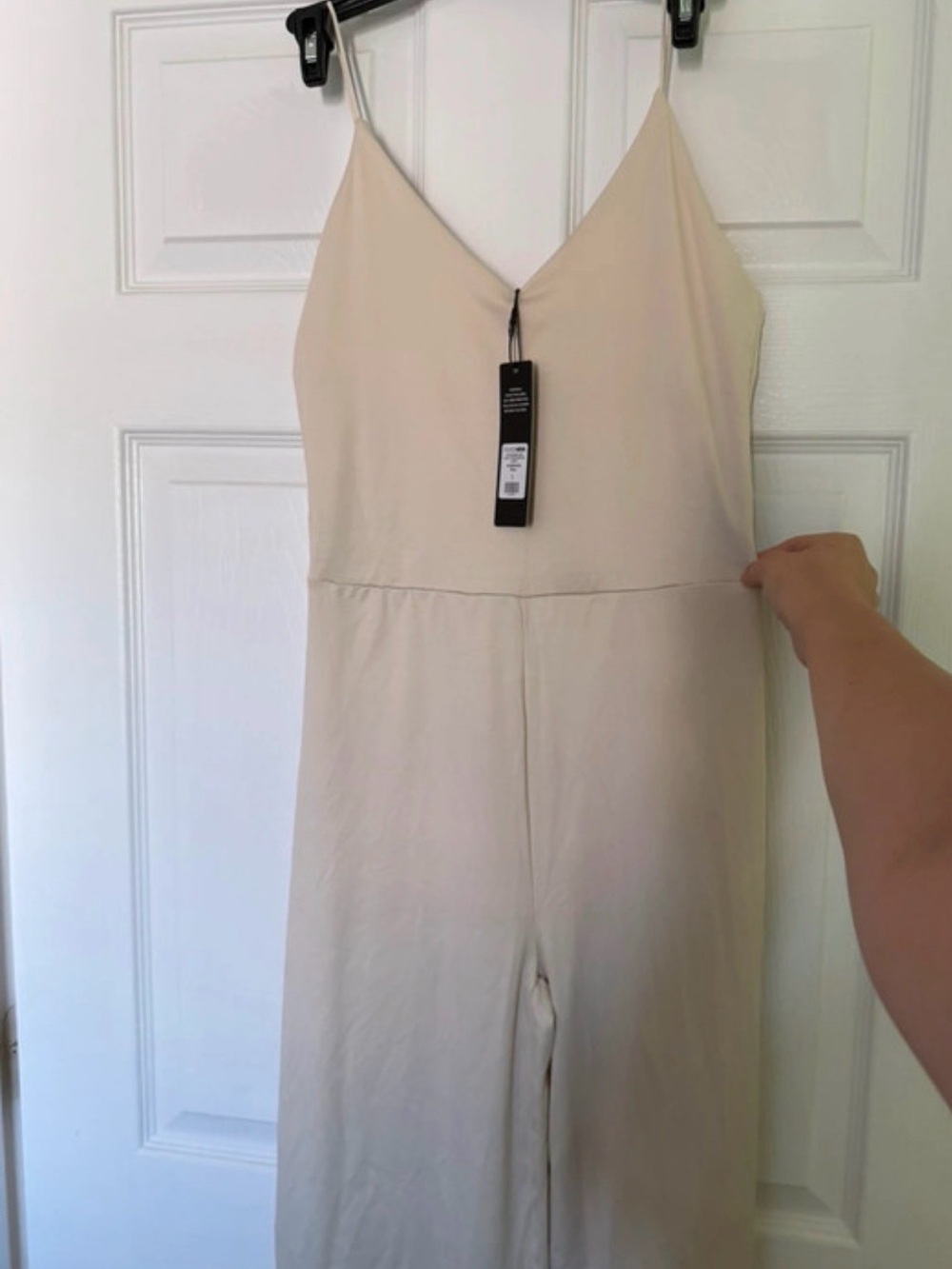 Fashion Nova Cream Spaghetti-Strap Wide Leg Jumpsuit